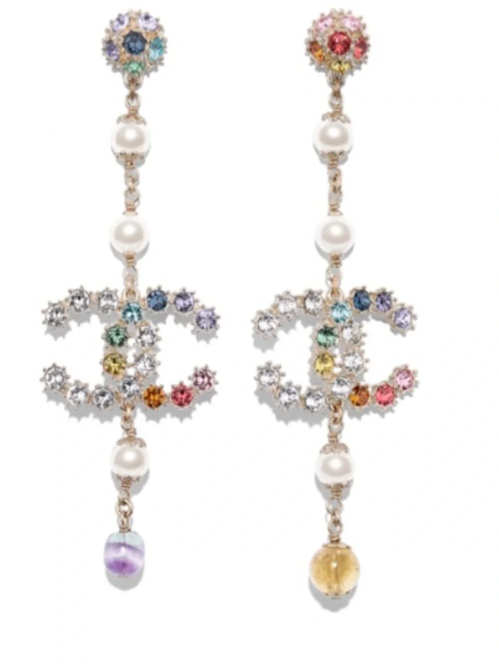 CHANEL Gold-Tone Multicolor Crystal CC Drop Earrings with Pearls